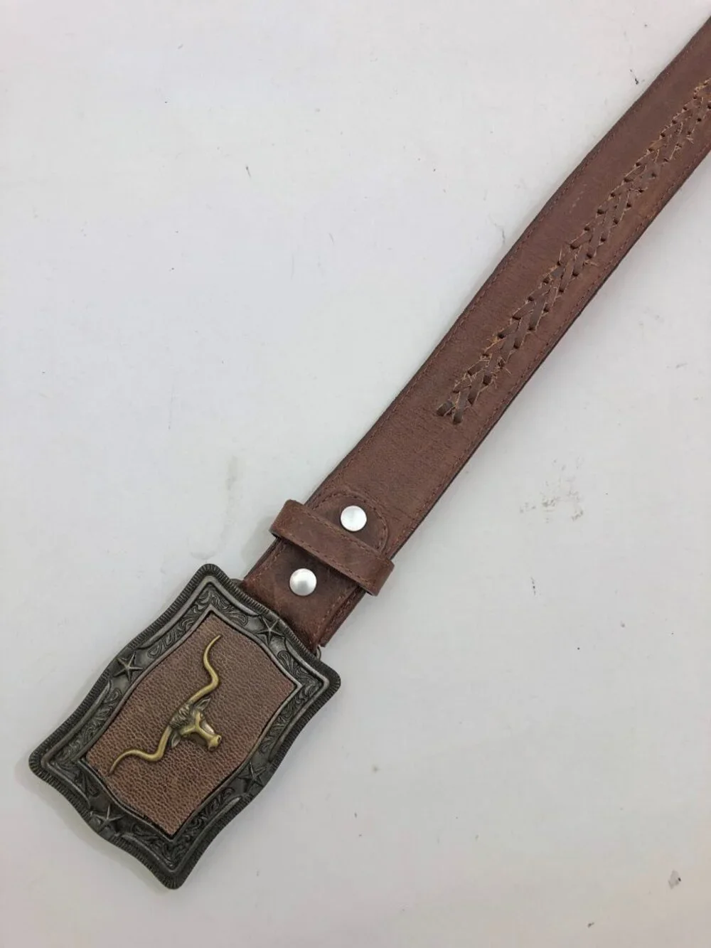 Western leather Belt Size 34 Longhorn Buckle Redish Brown w/Braided Accents
